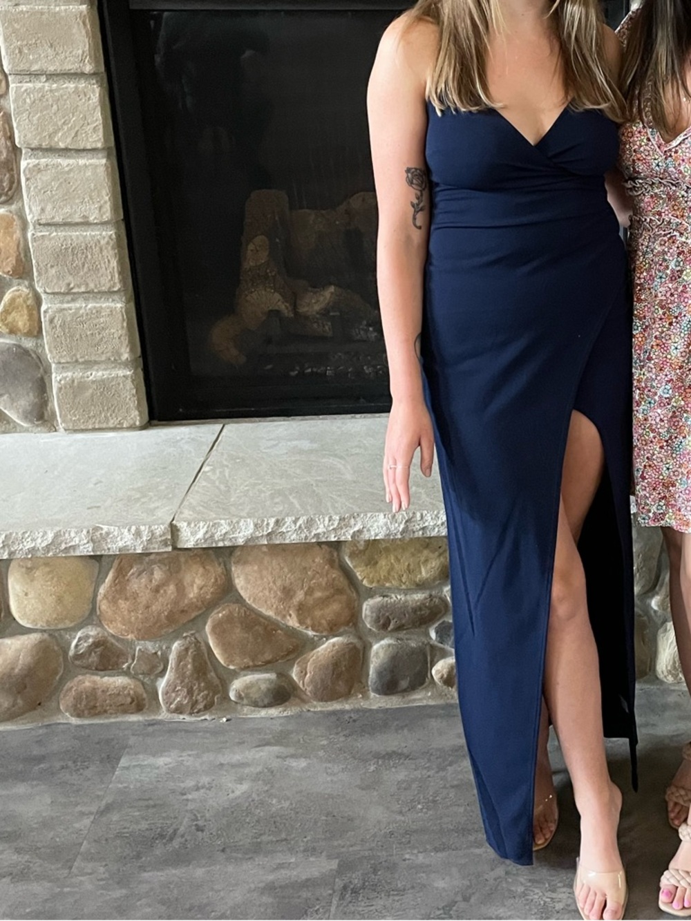 Emerald Sundae Navy V-Neck Maxi Dress with High Slit